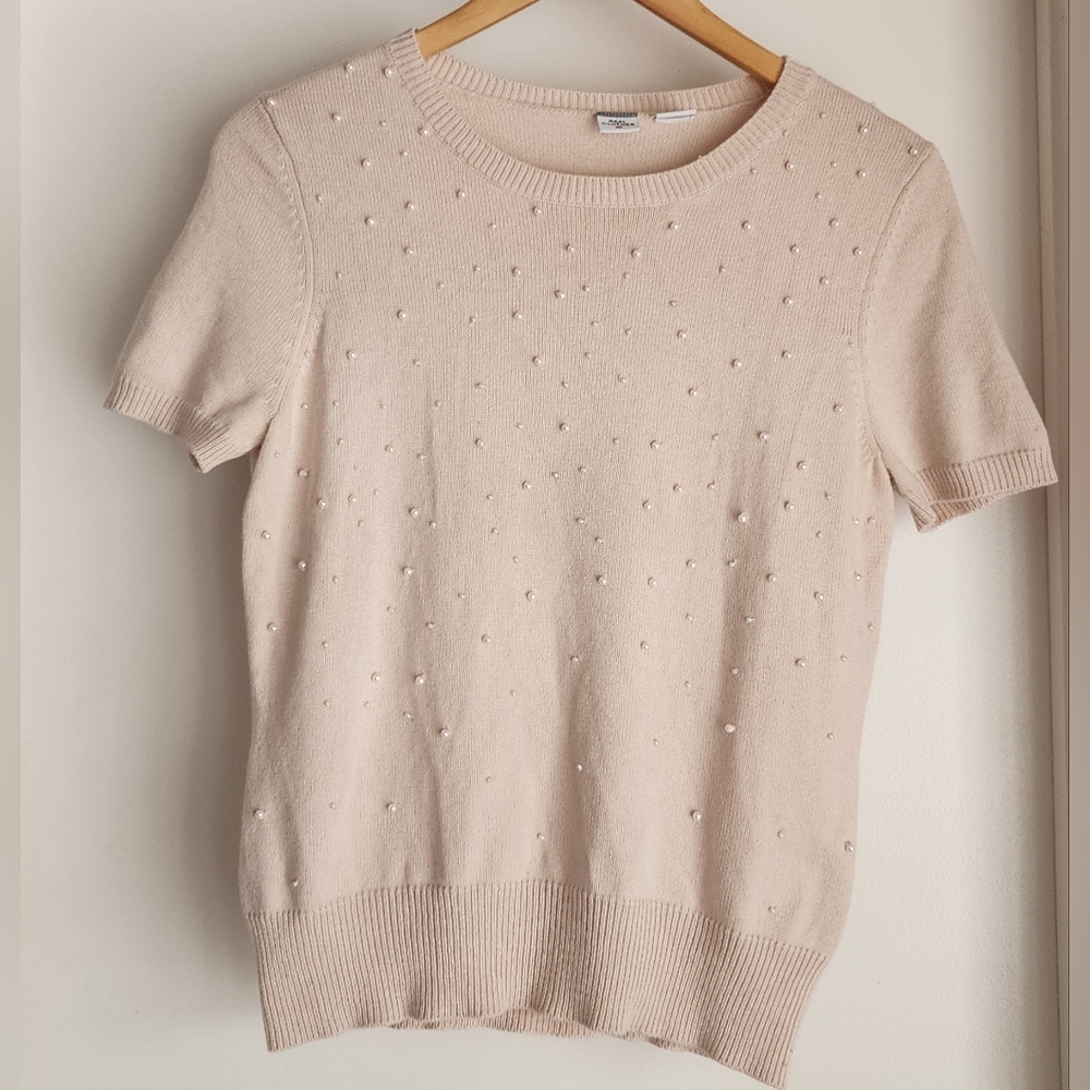Real Clothes Saks 5th Ave Peach Sweater with Pearls Silk And Cashmere M‎